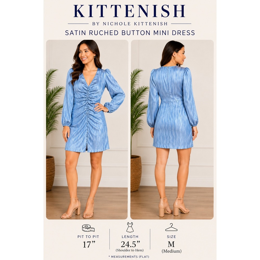 Kittenish Light Blue Ruched Satin Mini Dress Medium Long Sleeve V-Neck‎ Shimmer